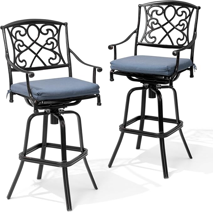 Crestlive Products Outdoor Bar Stools with Sunbrella Cushion Set of 2, 360° Swivel Patio Bar Height Chairs, All Weather Commercial Grade Furniture, Antique Brown Finish for Outside (Denim Blue)