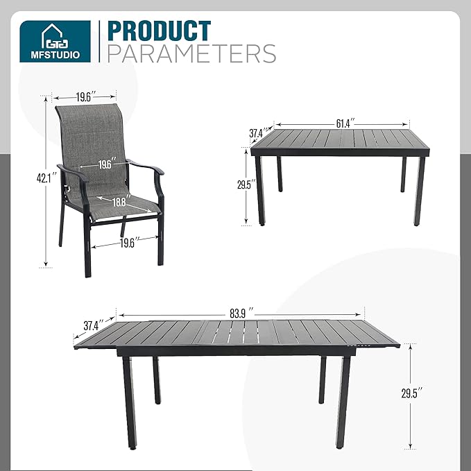 MFSTUDIO 7 PCS Patio Dining Set, Rectangular Expandable Black Metal Table with 6 Padded Textilene Fabric Chairs, Outdoor Furniture Set for Garden, Poolside, Backyard, Porch
