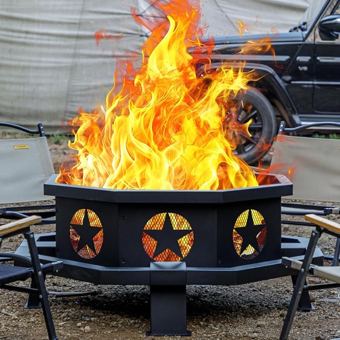 42 inch Fire Pit for Outside, Heavy Duty Wood Burning Fire Pits with Fire Poker, Outdoor Octagonal Firepit for Camping, Yard, Patio