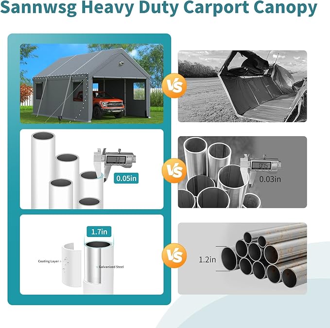 12x20FT Heavy Duty Carport Canopy,Extra Large Portable Car Tent Garage with Roll-up Windows and All-Season Tarp Cover,Removable Roof&Side Walls for Car,SUV,Boats&Truck Shelter Logic Storage
