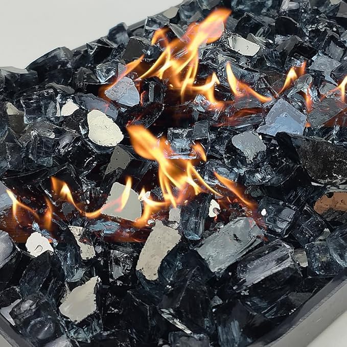 Fire Glass for Propane Fire Pit, 1/2 Inch High Reflective Fireplace Glass Rocks for Fire Pit Table, 20 lbs Fire Pit Glass Rocks for Outdoor Fire Table and Landscaping, Black Reflective