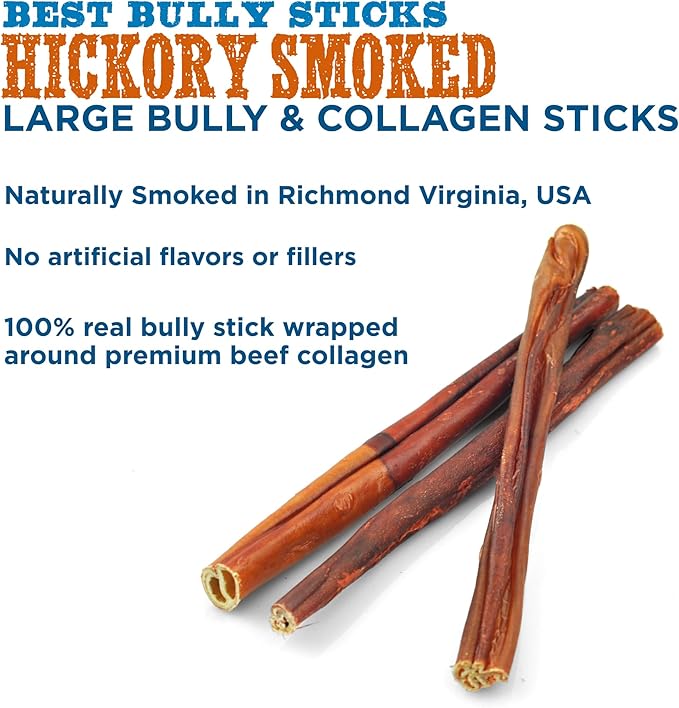 Best Bully Sticks Smoked Bully Sticks with Collagen for Dogs - 10-12 Inch, 5 Count (Pack of 1) - Natural, Grain Free Dog Chews - Large, Long-Lasting Treats for Aggressive Chewers