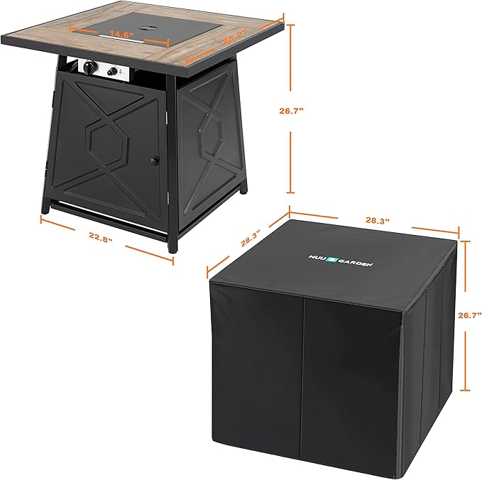Nuu Garden 28 Inch Outdoor Propane Fire Pit Table, 50,000 BTU Square Gas Fire Table with Ceramic Tabletop, Lid, Cover, Lava Rock for Garden Backyard Party, Black