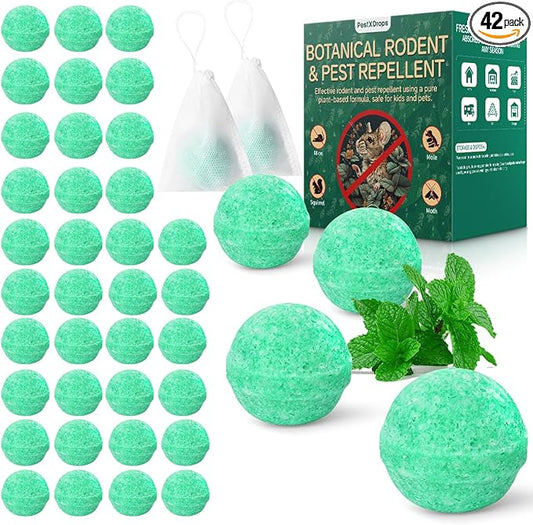 Rodent Mouse Repellent 42 pcs, Peppermint Oil Moth Balls for Mice Rats Deterrent, Natural Pest Control Mothballs for Rodents, Squirrels, Skunk, Mole, Gopher, Pets Safe, Indoor and Outdoor Use
