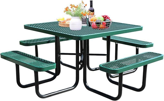 46-Inch Square Outdoor Picnic Table – Commercial Heavy-Duty Steel Dining Table with Thermoplastic Coating, Weather & Rust Resistant, Ideal for Parks, Patios, Schools, Campgrounds (Green)
