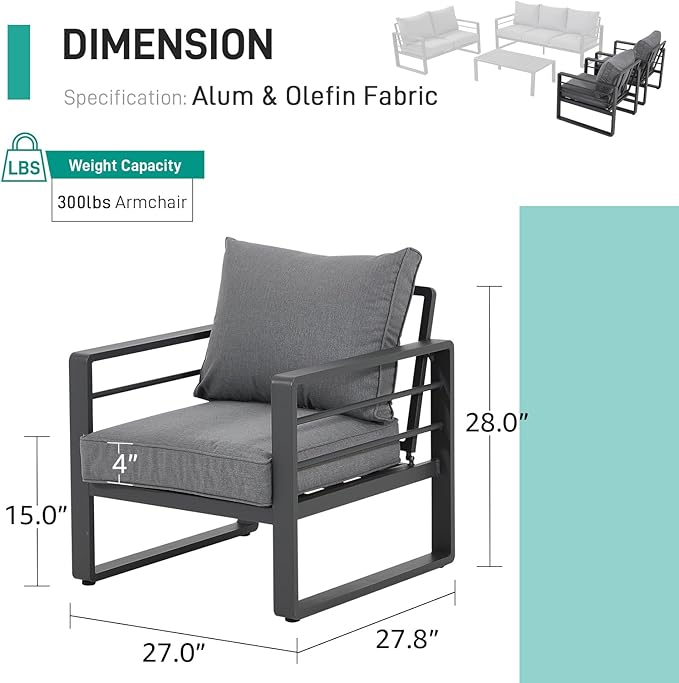 Patiorama Aluminum Patio Furniture Set, 2 PCS Outdoor Armchairs Single Sofa Couch, All Weather Dark Grey Metal Chair with Olefin Cushion, Deep Seating, 300 lbs Capacity, Deck, Garden-Grey Cushion