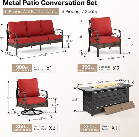 6 Piece Black Metal Outdoor Patio Furniture Sets with Firepit Table, Patio Conversation Sets 1 3-Seater Sofa, 2 Leg Sofa and 2 Swivel Sofa with 5.75" Cushion for Backyard Deck, Red