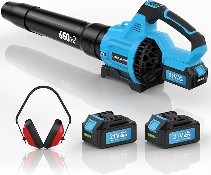 Leaf Blower Cordless,650 CFM & 160 MPH Electric Cordless Leaf Blower with 2 * 4.0Ah Batteries & Noise-Reduction Ear Muffs,3 Speed Powerful Blowing Ideal for Lawn Care, Blowing Leaves, Dust, Snow