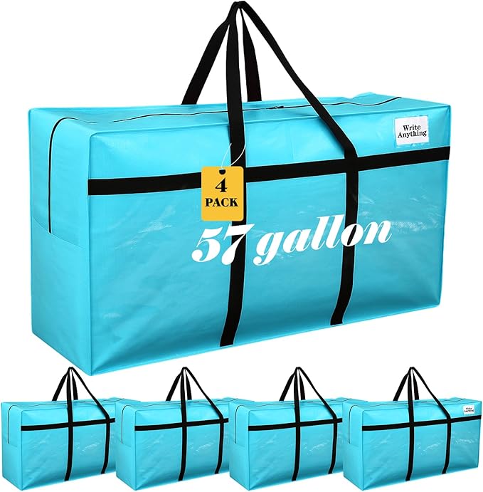 Windyun 4 Pack 57 Gallon Extra Large Storage Bags XXL Moving Bags with Zipper Handles Heavy Duty Jumbo Big Tote Box for Christmas Tree Storage 4, 5, 7.5, 9, 10, 12 ft Skeleton College Dorm(Lake Blue)