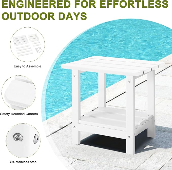 Set 2 Adirondack Outdoor Side Table, 2-Tier Small Patio End Table, Weather Resistant HDPE Outdoor End Tables for Garden, Lawn, Pool, Beach, Porch, Deck, Backyard - Square, White