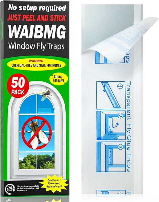 50 Pack Window Fly Traps Sticky Non-Toxic Clear Fly Paper Indoor for Home. No Mess Flies Window Sticky Traps Bug Flies Strips Indoors