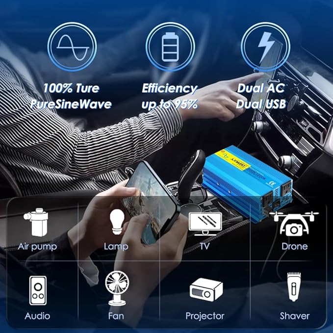 LVYUAN 500 watts 1000 (Peak) Pure Sine Wave Car Power Inverter 24V DC to 110V/120V AC Converter with 2 sockets and USB Port for Car Truck Family Solar System,RV, Truck,Road Trip