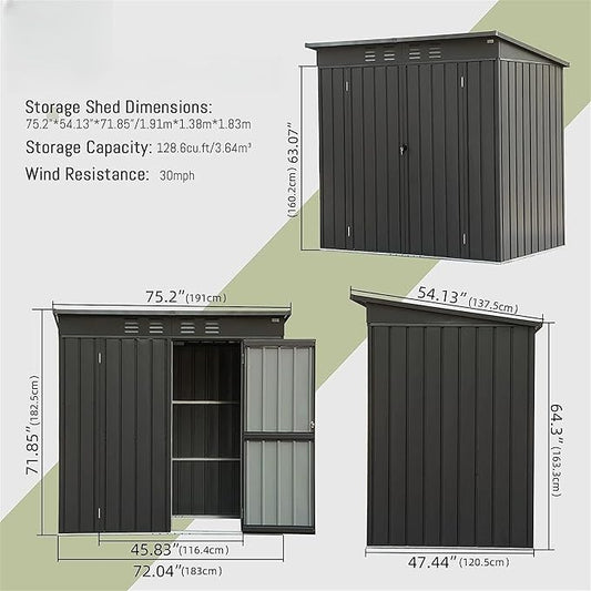 6x4ft Outdoor Storage Shed, Galvanized Steel Garden Shed with Sloping Roof, Lockable Double Doors and 16 Air Vents, Utility Tool Storage for Backyard Patio