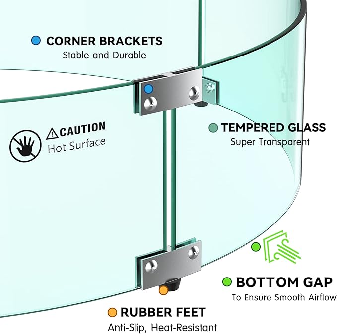 Skyflame 29" Round Glass Wind Guard, Upgraded Prevent Falling Apart Thick/Clear Tempered Glass Panel with Hard Aluminum Corner Bracket & Feet for 24" Round Fire Pit Burner Pans