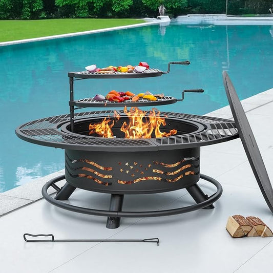 47 Inch Fire Pit with 2 Cooking Grates, Outdoor Wood Burning BBQ Grill Firepit Bowl with Cover Lid, Steel Round Table for Backyard Bonfire Patio Picnic (Black, 47IN)