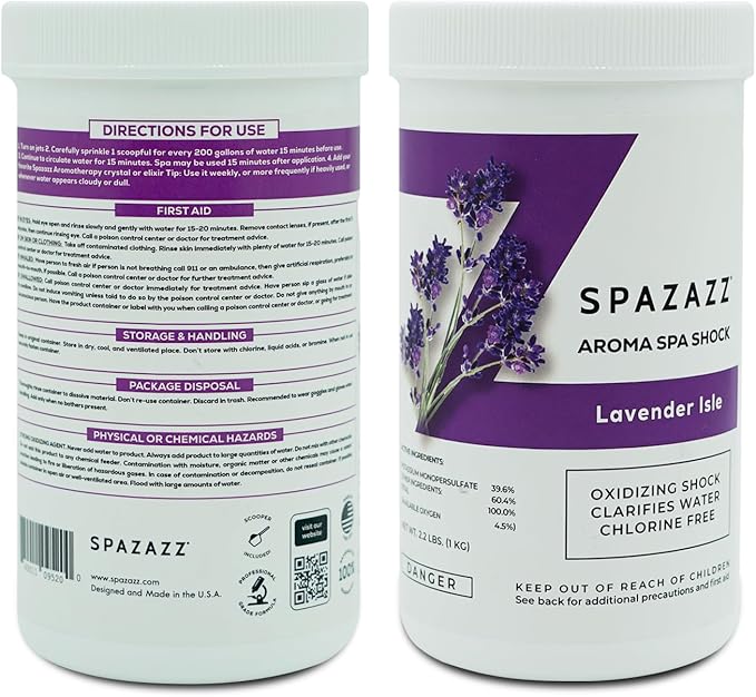 Spazazz Aroma Scented Non Chlorine Spa Shock for Hot Tubs Chlorine Free Oxidizer Treatment. Water Clarifier with Potassium Monopersulfate - Professional Grade- Lavender Isle 2.2lb