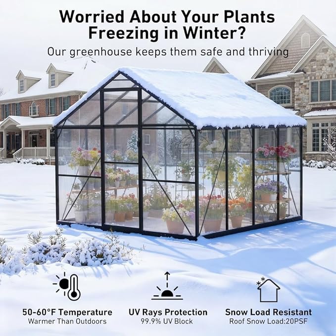 Sturdy 8x8 FT Outdoor Greenhouse Kit, Walk-in Aluminum Greenhouse with Sliding Door & Screened Vent Window for Ventilation, for Backyard, Garden, Vegetables & Flowers, Black
