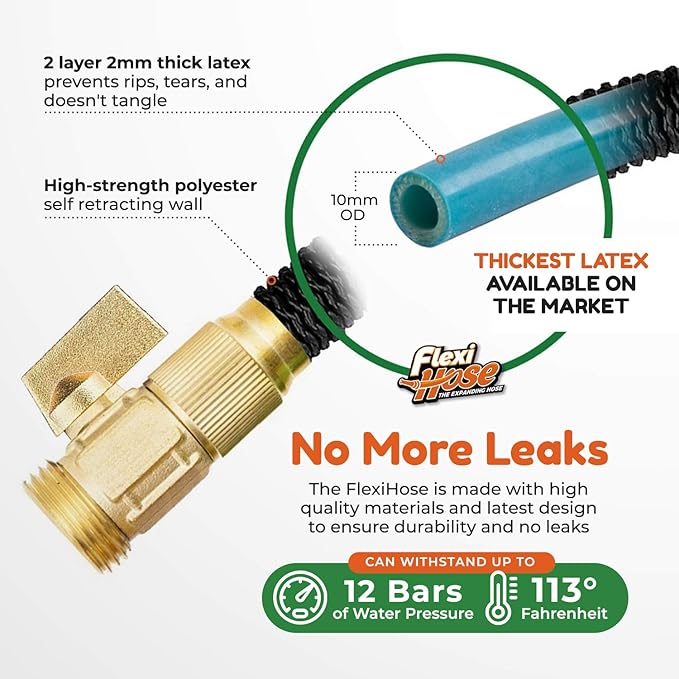 Flexi Hose Lightweight Expandable Garden Hose, 50FT - Retractable Garden Hose, Water Hose - No-Kink Flexibility, 3/4 Inch Solid Brass Fittings and Double Latex Core