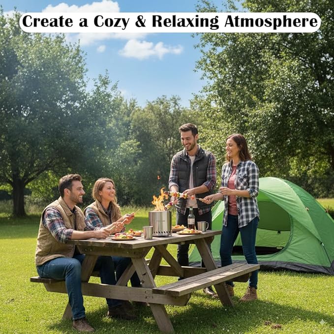 9.5 X 8.6 Inch Tabletop Fire Pit, VivaGarden Portable Firepit, Smokeless Table Top Firepit, Safe Burning Camping Stove, Fueled by Pellets or Wood, Forks, Mat & Travel Bag Included, Silver