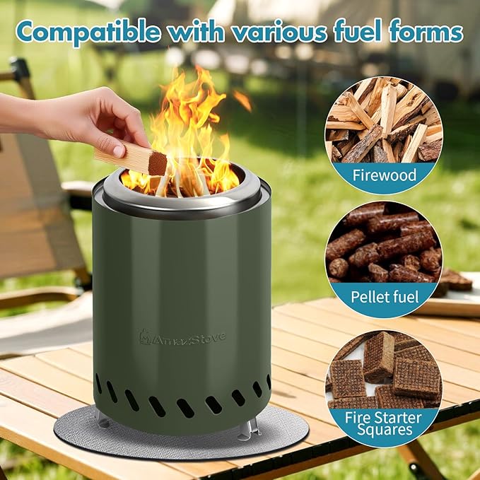 9.7 x 7.1 Inch Tabletop Fire Pit by AmazStove, Low Smoke Camping Stove for Outdoor Safe Burning Firepits, Fueled Pellets or Wood, Travel Bag Included (Green, 9.7 x 7.1 INCH)