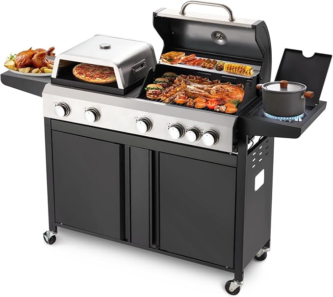 MELLCOM 3 IN 1 Pizza Griddle Grill Combo, 74,000 BTU 5-Burner Stainless Steel Propane Gas Grill with Side Burner, Porcelain Enameled Cast Iron Grates, Griddle & Pizza Oven for Outdoor Patio Backyard