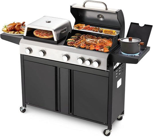 MELLCOM 3 IN 1 Pizza Griddle Grill Combo, 74,000 BTU 5-Burner Stainless Steel Propane Gas Grill with Side Burner, Porcelain Enameled Cast Iron Grates, Griddle & Pizza Oven for Outdoor Patio Backyard