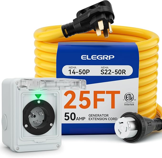 ELEGRP 50 Amp Generator RV Cord 25 FT and Power Inlet Box, Pre-Drilled Generator Inlet Box, NEMA 14-50P to NEMA SS2-50R 6/3+8/1 Gauge STW Generator Cord Waterproof Combo Kit, UL Standard Compliant