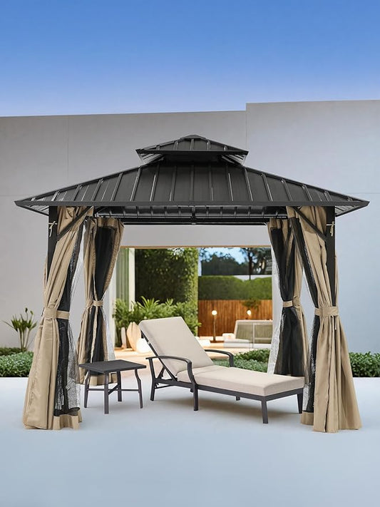 SEEHILL 10' x 10' Hardtop Gazebo, Aluminum Frame Outdoor Patio Gazebos with Netting and Curtains, Outdoor Gazebo Canopy, Patio Pergola with Double Steel Roofs for Backyard, Patio, Deck, Sandstone