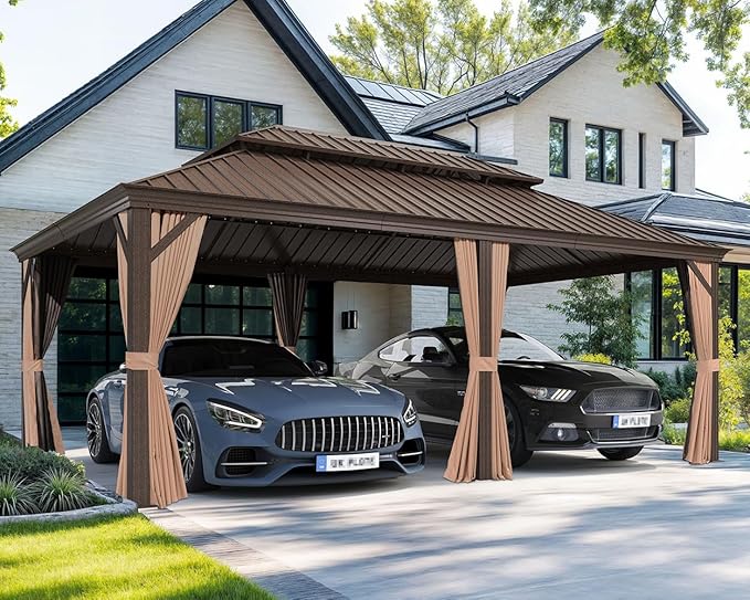 PURPLE LEAF 13' X 20' Outdoor Hardtop Gazebo Patio Wide Aluminum Frame Galvanized Steel Double Roof with Heavy Duty Netting and Curtains for Permanent Hard Top Pavilion Screen,Khaki