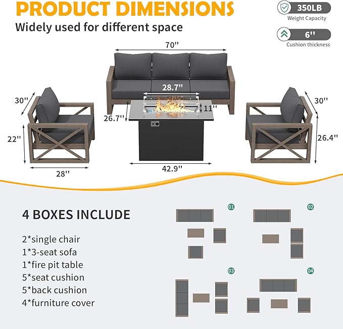 Amopatio Aluminum Patio Furniture with Fire Pit, 6 Pcs Metal Patio Sofa Sets with Aluminum Fire Pit Table, Modern Outdoor Furniture with 6" Cushion, Dark Grey (Included Waterproof Covers)
