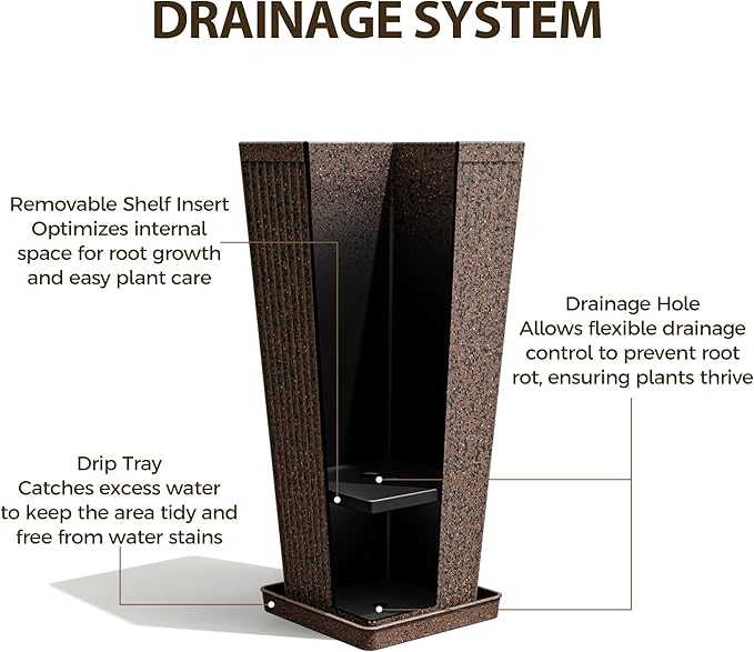 Tapered Tall Planters for Outdoor Plants 2 Pack- 23.6 Inch Heavy-Duty Classic Square Indoor Flower Pots with Drainage Holes/Partition/Tray, Large Outdoor Planters for Porch Patio, Brown