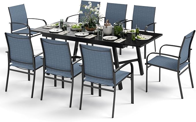 9 Pieces Patio Table and Chairs Set, Patio Dining Set for 8, 8 Blue Textilene Chairs and 1 Expandable Patio Dining Table with Umbrella Hole, for Deck Backyard Lawn Poolside