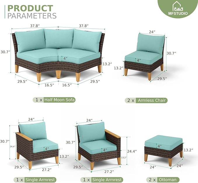 MFSTUDIO 8 Pieces Extra Large Wicker Patio Furniture Set, Rattan Half-Moon Sectional Sofa Outdoor Conversation Set, 2 x Curved Sofa, 2 x Armless Couch, 2 x Ottoman, 2 x Corner Chair(Aqua Blue Cushion)