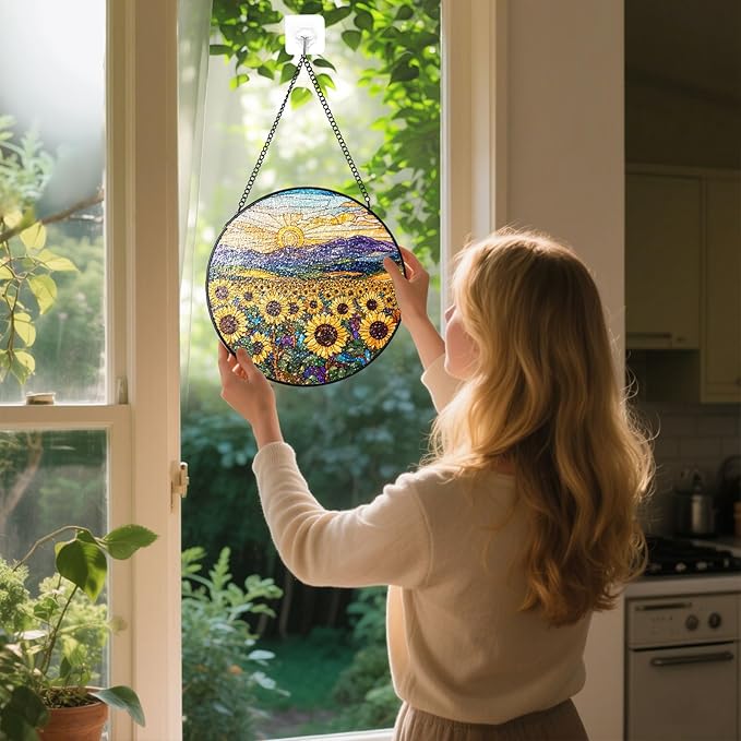 Stained Glass Window Hanging, Sunflowers Mountain Sun Stained Glass Suncatchers Indoor Windows Glass Panel Garden Hanging Decor Birthday for Women 6.3 in