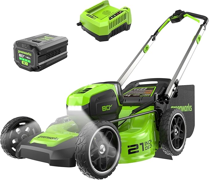 Greenworks 80V 21" Brushless Cordless (Push) Lawn Mower (LED Headlight + Aluminum Handles), 4.0Ah Battery and Rapid Charger Included (75+ Compatible Tools)