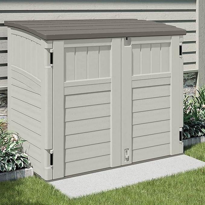 Suncast 2 Pack 34 Cu Ft Capacity Horizontal Outdoor Storage Shed for Garbage Cans, Garden Accessories, Backyard, and Patio Use, Vanilla