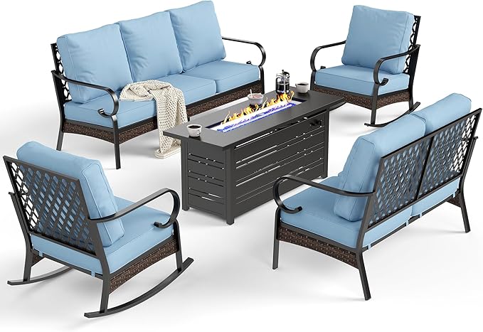 5 Piece Black Metal Outdoor Patio Furniture Set with Firepit Table, Patio Conversation Set 1 3-Seater Sofa, 2-Seater Sofa, 2 Rocking Chairs with 5.75" Cushion for Backyard Deck, Blue
