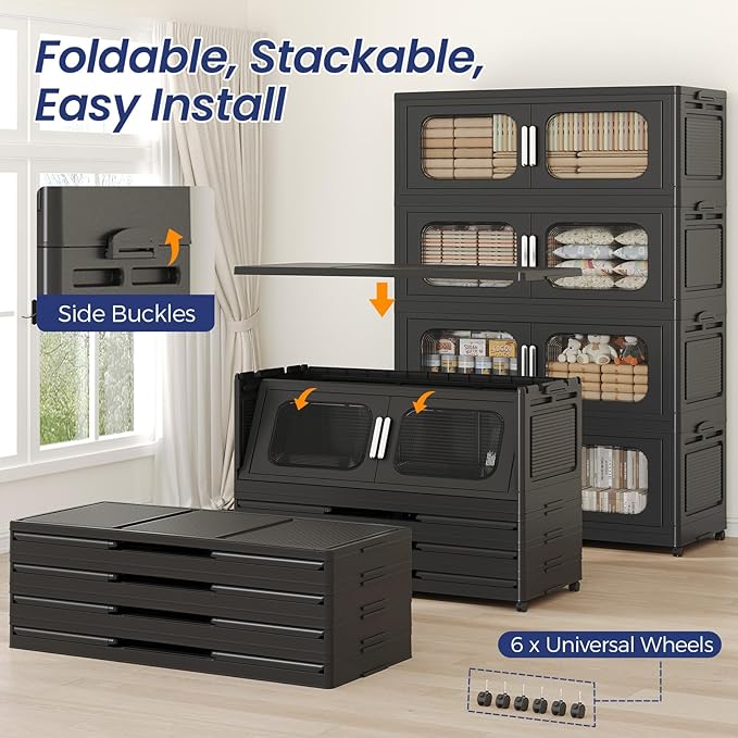 800QT Large Stackable Storage Bins with Lid, 200Gal Plastic Collapsible Closet Organizers Drawers Box with Wheels, Folding Cabinet Containers with Doors for Home Kitchen Office, 4Pack Black