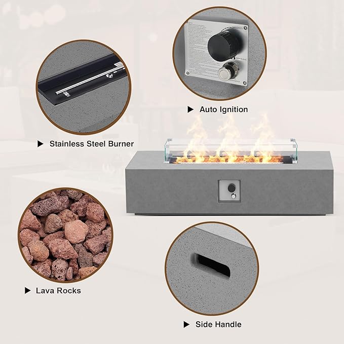 3-Piece Outdoor Propane Fire Pit Table Set – Premium Marble-Like MgO Finish, 56-Inch Gas Fire Table with Tank Table & Glass Wind Guard for Patio, Garden & Backyard, Includes Rain Cover & Lava Rocks