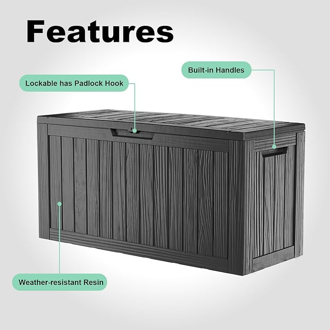 Vixzen 90 Gallon Resin Deck Box, Lockable Outdoor Storage Box for Patio Cushions Storage Furniture,Garden Tools, Pool Supplies, Weatherproof and UV Resistant,Black