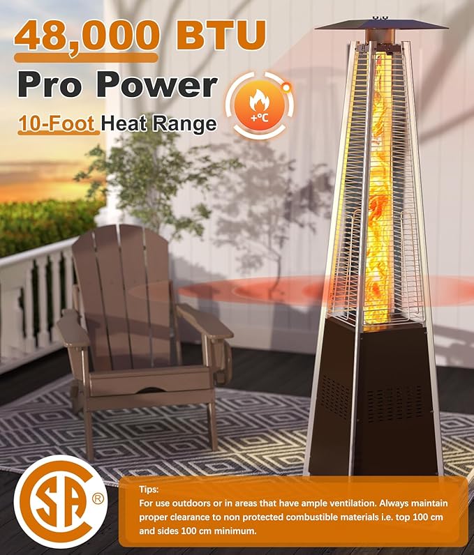 48,000 BTU Pyramid Patio Heater, Outdoor Propane Patio Heater with Detachable Wheels and Protective Cover, Triple Safety Protection Propane Heaters for Terrace, Garden, Poolside, Bronze