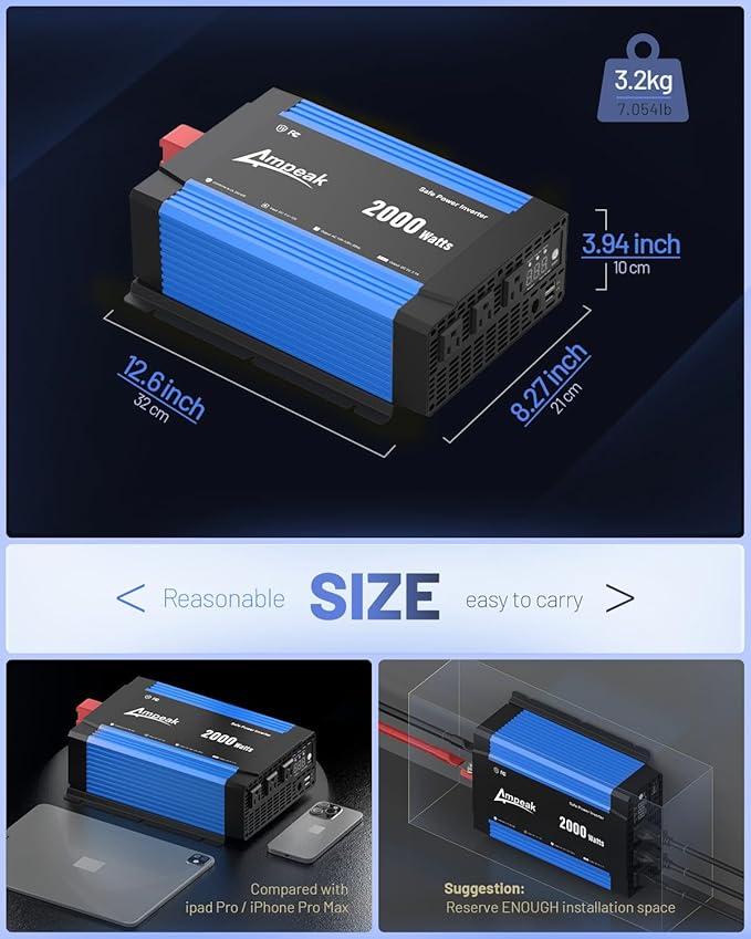 Ampeak 2000W Inverter, Car Power Inverter 12V to 120V, 89.37% High Efficiency Modified Sine Wave Inverter, 3 AC Outlets Dual USB 5V 3.1A, Surge 4000W Remote Controller for Vehicles, Truck, RV, Home