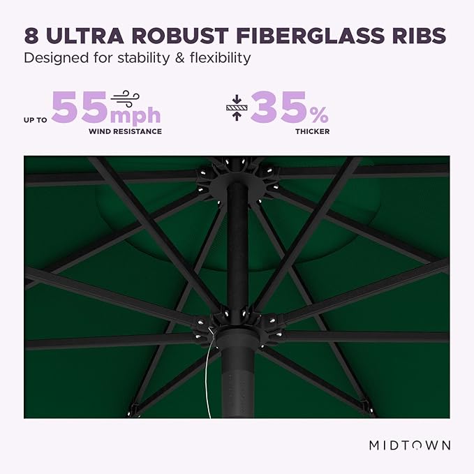 Midtown Umbrellas Push Pop Sunbrella Umbrella 10 Feet Large Outdoor Umbrella With Forest Green Fabric - Deck Patio Umbrella, Backyard Umbrella, Garden Umbrella & Pool Umbrella - Black Pole