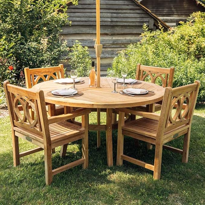 Ash & Ember Savannah Grade A Teak Round Dining Table, 71" Teak Wood Table, Weather-Resistant Premium Solid Wood Furniture, Fits Standard Patio Umbrellas, Fits 6 People Comfortably