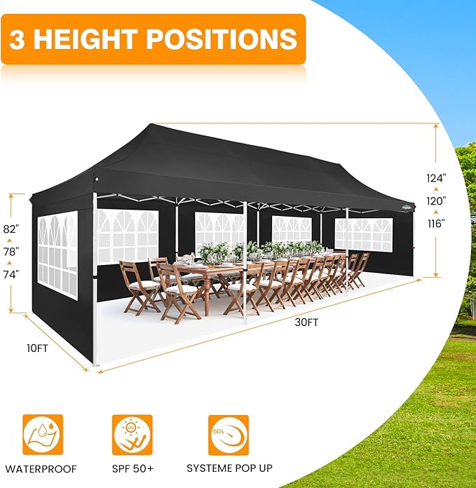 COBIZI 10x30 Pop up Canopy with 8 Removable Sidewalls, Outdoor Canopy Waterproof Commercial Tents for Parties Wedding, with Upgrade Raised Top Cover and Roller Bag, with 4 Sandbags(Black)