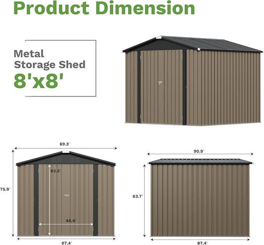 Patiowell 8x8 FT, Outdoor Storage Shed, Heavy Duty Tool Storage Sheds with Lockable Doors and Updated Frame Structure for Backyard Patio Lawn, Brown