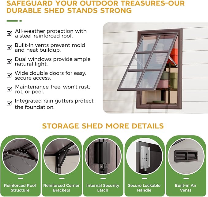 8x8 Shed with Floor, Heavy-Duty Plastic Resin Sheds & Outdoor Storage, Garden Tool Shed for Backyard, Patio, Bike Storage with Lockable Awning Windows & Reinforced Steel Frame（23-Gauage