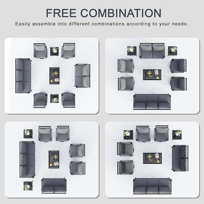 9-Piece Patio Conversation Sets, Metal Outdoor Furniture Set Includes 3-Seater 4 Swivel Rockers with 2 Side Tables 1 Loveseat with Coffee Table for Backyard Garden Deck Porch Poolside, Gray