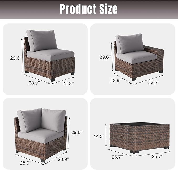 Aoxun 6 Pieces Patio Furniture Set Wicker Rattan Outdoor Sectional Conversation Set with Coffee Table and 4” Thickened Cushions, Gray (Waterproof Cover Included)