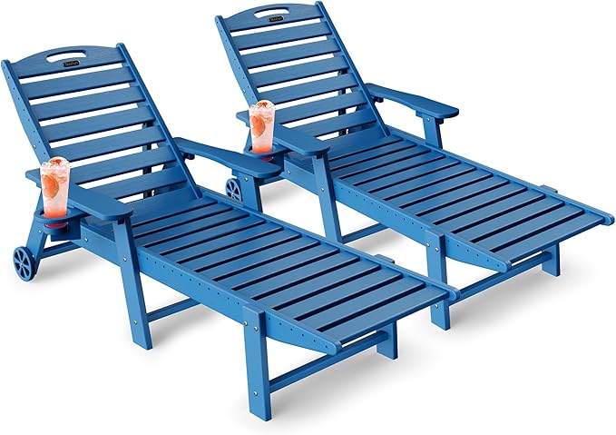 Modern Navy Blue Polypropylene HDPE Outdoor Patio Lounge Chair Set of 2 with 6-Position Adjustable Backrest, Wheels, Cup Holder, 450 lbs Weight Capacity